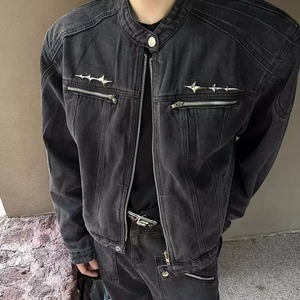 Veste Homme Tendance en Jean Coupe Rétro Américaine, Coupe Longue, à Capuche, Manches Lanterne, Coupe-Vent, avec Design Métallique, Sans Col - Product Image 4