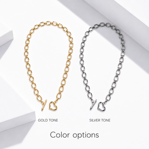 Collier à chaîne avec fermoir cœur en acier inoxydable plaqué or 14K sous vide, maillons ovales, 54 cm, options ton or et argent - Product Image 1