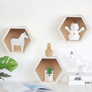 Wholesale White Wooden Hexagon Display Shelf with <b>Shadow</b> <b>Box</b> Feature Hanging Wall Storage for Bedroom or Living Room - Product Image 1