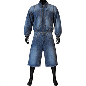 Blue Wash Denim <b>Bomber</b> <b>Jacket</b> Set <b>Vintage</b> Distressed Zip-Up Short Sleeveless Solid Autumn Winter Outerwear Casual Streetwear - Product Image 1