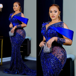 Robes de bal personnalisées <span class=keywords><strong>bleu</strong></span> roi Aso Ebi, manches longues, style sirène, en dentelle perlée, robes de soirée formelles, robes de fiançailles effet illusion - Product Image 2