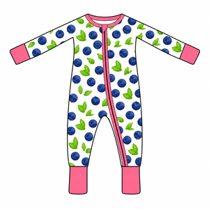 Piyama Bayi Romper Viscose Bambu Grosir Custom dengan Resleting Dua Arah Motif Blueberry - Product Image 1