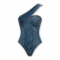 Baju Renang Satu Potong Model One-Shoulder High Cut Bahan Denim Biru Custom dengan Detail Patchwork Melingkar di Dada, Elastis dan Mampu Mengontrol Perut
