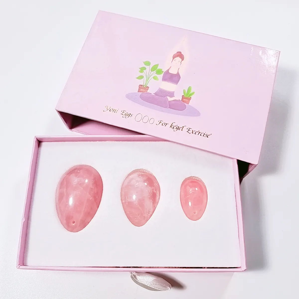 Juego de huevos Yoni con certificación Kegel, de cuarzo rosa Natural, directo de fábrica, caja de masaje, piedra kegel