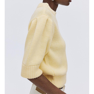 Suéter de punto acanalado color avena para mujer, cuello redondo, manga abullonada, largo recortado, dobladillo acanalado, casual, primavera otoño - Product Image 5