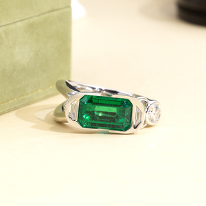 Messi Jewelry MSR-1898 925 <b>Silver</b> <b>Emerald</b> Cut <b>Emerald</b> <b>Ring</b> Women's Vintage Style Rhodium Plated May Birthstone Engagement <b>Ring</b> - Product Image 1