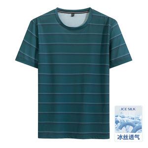Camiseta de manga corta de verano para hombres de mediana edad a rayas papá cuello redondo camisa de fondo bolsillo cómodo transpirable secado rápido - Product Image 2