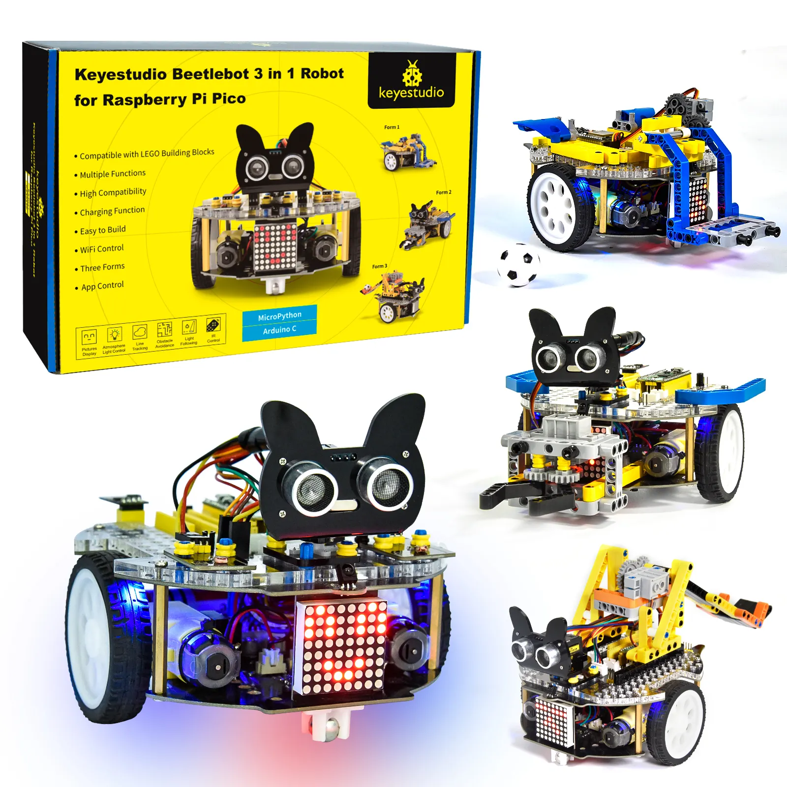 Keyestudio Beetlebot Kit de voiture robot intelligent 3 en 1 pour Raspberry Pi Pico