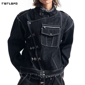 Chaqueta de mezclilla cruda para hombre, estilo bombero, con cierre de gancho, cremallera diagonal, cuello alto, cremallera, bolsillo en el pecho, dobladillo sin rematar, corte ajustado, estilo motociclista - Product Image 1