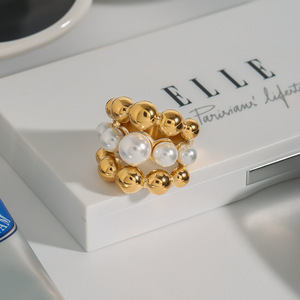 MW Anillo de estilo europeo y americano para mujer Acero inoxidable chapado en oro de 18 quilates, diseño de círculo geométrico de tres capas con incrustaciones de perlas - Product Image 5