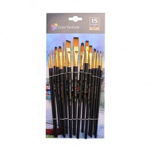Hot Selling 15pcs Watercolor Painting Brush Set Round and Flat Nylon Hair with Wood Handle for Oil and Watercolor Art - Product Image 2