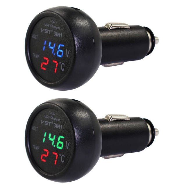 3 in 1 Car Battery Voltage Temperature Meter with LED Display 2.1A USB Charge Multi-Function Automotive Gauge for Phone Charging