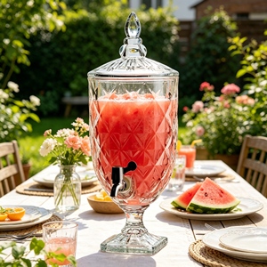 Distributeur de boissons en verre transparent 5L Diamond Crisscut, <span class=keywords><strong>Jarre</strong></span> à punch sur pied haut avec robinet chromé pour mariages et buffets - Product Image 4
