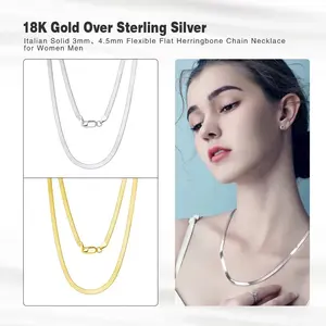 High Quality 925 Sterling Silver 4.5mm Flexible Flat Herringbone Chain 18K Gold Necklace For Men And Women