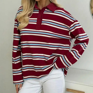 <span class=keywords><strong>Polo</strong></span> en <span class=keywords><strong>coton</strong></span> surdimensionné de haute qualité pour <span class=keywords><strong>femme</strong></span>, à rayures, manches longues, col à revers, demi-boutonnage, pull décontracté en maille - Product Image 1