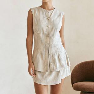 High Quality Hawaiian Stripe <b>Sleeveless</b> Button Down Skirt Pants Set Custom Soft <b>Linen</b> Dress Two Piece Set - Product Image 6