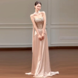 Strapless Sequined Evening Gown Empire Waist Mermaid Tail Elegant Bridal Emcee Dress Coming Of Age Ceremony - Product Image 1