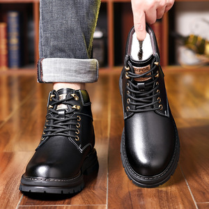 Bottes Martin pour homme, hauteur cheville, bout rond, dessus en cuir, doublure en fourrure, imperméables, antidérapantes, semelle extérieure en caoutchouc isolante, couleur unie - Product Image 3