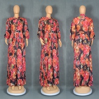 Robe de Soirée Modeste pour Printemps-Été, Manches Ballon Imprimées Florales Plissées en Mousseline pour Femme K0807