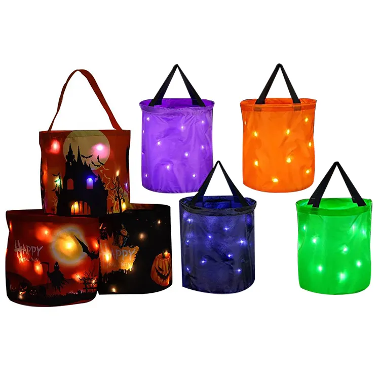 New Hot Sale Led Lighted Up Halloween Bucket Glow In Dark Pumpkin Basket Trick or Treat Candy Gift Tote Bag For Party Decoration