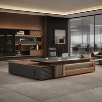 Bureau de direction en forme de L en bois de noyer avec bande lumineuse LED, poste de travail moderne pour PDG, mobilier de bureau personnalisable, fabricant OEM