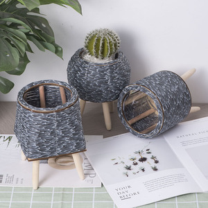 Rattan Flower <b>Pots</b> With Wooden Legs Indoor Planters For <b>Succulents</b> And Cacti Desktop Use - Product Image 1