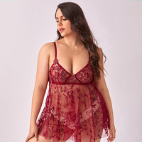 En gros Dentelle Broderie Maille Mince De Nuit Sous-Vêtements de Femmes Plus La Taille Lingerie Robe Avec String Culotte 2 Piece Set de Nuit