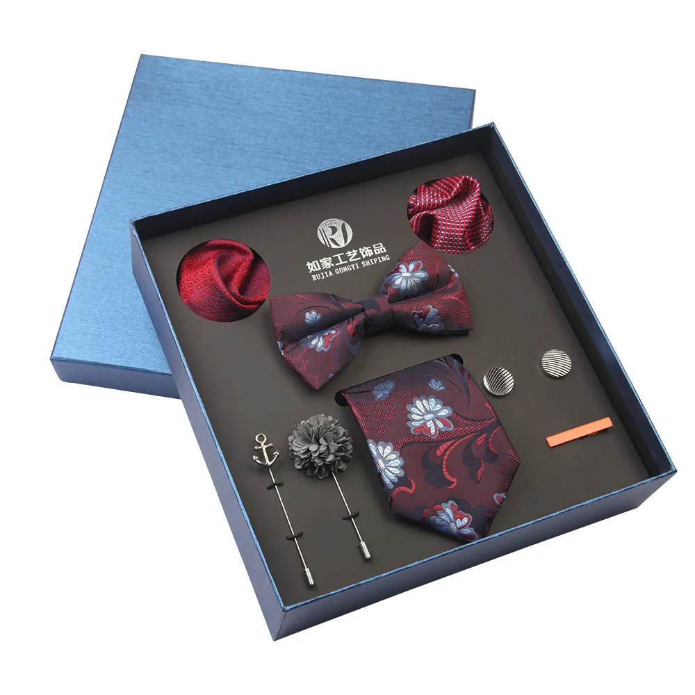 Classic Men's Multi-Color Paisley Flower Necktie Bow Tie Handkerchief Cufflink Lapel Pin Set with Tie Bar Gift Box