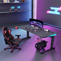 Bureau de jeu en forme de L rose avec éclairage LED, table de jeu pour deux moniteurs avec gestion des câbles, bureau réglable en hauteur pour les joueurs