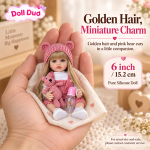 Poupée Duo personnalisée de 6 pouces, poupée reborn en silicone pleine longueur, cheveux blonds, chapeau d'ours rose, cadeau de Noël personnalisé pour enfants - Product Image 1