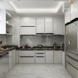 Price Pre Fab Color Kitchen Cabinet Hot Stainless Steel with Clean Handleless Look Walnut Wood Glossy White Modern Solid Wood