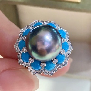 เซโก้ S925 แหวนเงินแท้สไตล์เรโทรประดับมุกพร้อมดอกไม้สีฟ้าเทอร์ควอยซ์ เครื่องประดับหรูหราพร้อมกล่องของขวัญ - Product Image 1