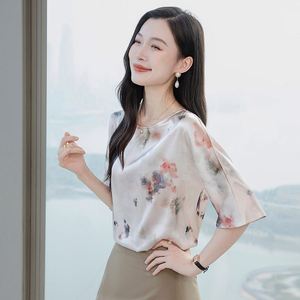 Tops de seda informales versátiles para mujer, jerséis de cuello redondo de manga corta con estampado teñido anudado de primavera para verano - Product Image 4