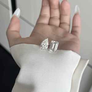 Bague ouverte en argent pur S925, forme poire, design goutte d'eau, élégante, grande pierre en forme de cube de sucre, incrustation de deux pierres, coupe légère, luxe de niche - Product Image 4