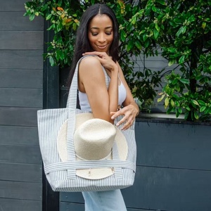 21-Inch Personalized Casual Shoulder <b>Bags</b> Blue Stripe Cotton Tote <b>Bags</b> Hat Carrying Travel Handbag <b>Foldable</b> <b>Beach</b> <b>Bag</b> For Summer - Product Image 1