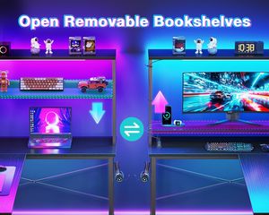 Bureau d'ordinateur en métal en forme de L SENYU avec éclairage LED et étagères de rangement, table de travail multifonctionnelle - Product Image 2