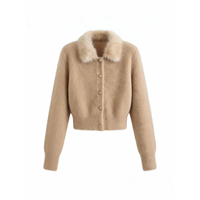 2026 Cardigan long uni à col en fourrure, en maille tricotée au crochet, avec boutons, style pull, pour femme