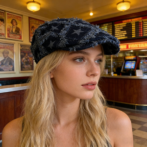 Berretto in denim ricamato con stelle in stile retrò |   Cappello <span class=keywords><strong>da</strong></span> Pittore per Donna |   Stile artistico casual |   Traspirante per tutte le stagioni, adatto per taglie più grandi - Product Image 5