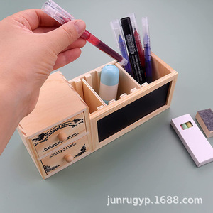 Wooden Desktop <b>Storage</b> <b>Box</b> With <b>Drawers</b> And Chalkboard Office Stationery Organizer Rectangle 23x7x9.5cm Standing Type - Product Image 5