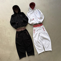 Ensemble de survêtement streetwear personnalisé pour homme, avec sweat à capuche zippé imprimé silicone et pantalon de survêtement baggy à double couche avec ceinture à carreaux