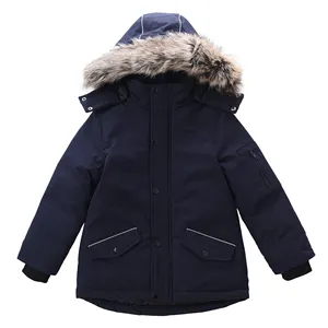 Boys Winter Jacket Casual Windproof and Waterproof Puffer Parka with Faux Fur Hooded Outwear for Kids