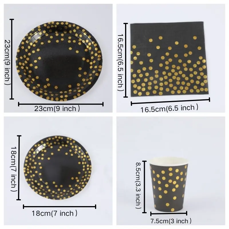 25 Stks/set Groothandel Goedkope Biologisch Afbreekbare Papieren Borden Zwart Wit En Goud Wegwerp Papieren Servies Servetten Bekers Voor Feest