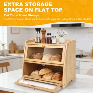 Boîte à pain en bambou à double couche, armoire de rangement en bois avec porte en verre pour le stockage des aliments dans la cuisine - Product Image 2