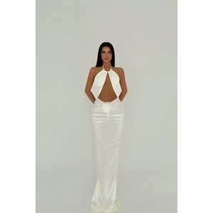 Robe de soirée trapèze blanche de luxe avec détails pailletés au dos, col sans bretelles, nœud, longue, pour fêtes, disponible du XS au XL, broderie florale 3D - Product Image 5