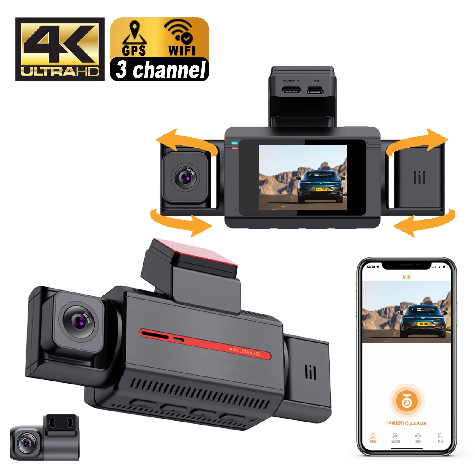 Dvr mini mobil baru wifi GPS 4k kotak hitam mobil 4k 3 lensa kamera dasbor depan dan belakang dalam 4k wifi kamera dasbor gps kamera dasbor 3 saluran 4k