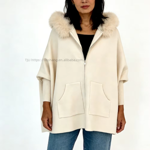 <b>Women's</b> Oversized Hooded <b>Cape</b> <b>Coat</b> - Faux Fur Trim Zip-Up Pocketed Winter <b>Womens</b> Clothes Fashion - Product Image 2