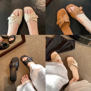 รองเท้าแตะแบบเปิดหัวสี่เหลี่ยมสำหรับผู้หญิง, ใหม่ในช่วงฤดูร้อนรองเท้าแตะครึ่งปีส้นแบนรองเท้าแตะสำหรับใส่กลางแจ้งสวมใส่สบายๆรองเท้าแตะชายหาด - Product Image 6