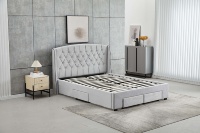 Lit double Queen Size en cuir blanc de style français avec tête de lit en tissu et tiroirs de rangement intégrés, idéal pour les villas et appartements