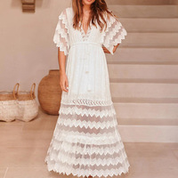 Robe longue de luxe formelle à col en V et manches courtes, avec appliques en dentelle, en polyester/coton, coupe ample, patchwork, pour femme, décontractée, quotidienne, pour l'extérieur