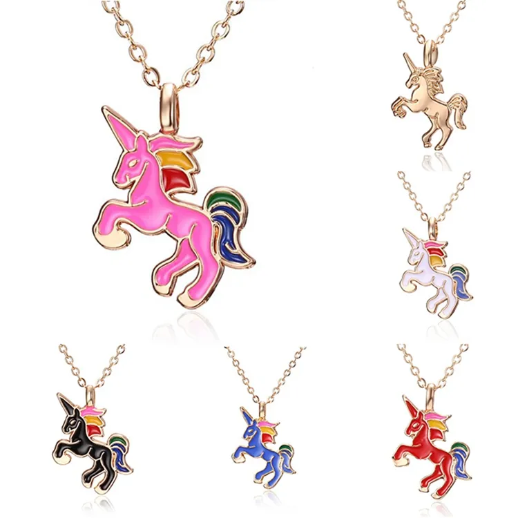 Colliers pendentifs en émail thème dessin animé pour enfants, accessoires de fête en forme de cheval, licorne, ras du cou, 7 couleurs, nouveauté mode